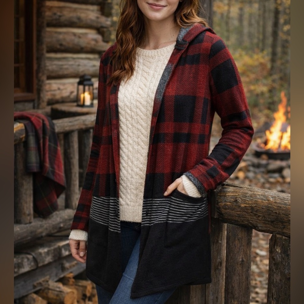 Maurices Buffalo Plaid Hooded Cardigan XS Red Black Drape Front Cozy Lightweight